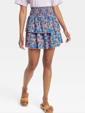 Universal Thread Smocked Tiered Floral Mini Skirt in Peach & Blue Size XS